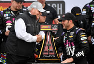 NASCAR Cup Series driver Jimmie Johnson (R) celebrates with team owner Rick Hendrick (L) of Hendrick Motorsports after winning the Advance Auto Parts Clash at Daytona International Speedway. Mandatory Credit: Jasen Vinlove-Imagn Images